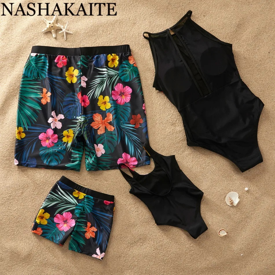 NASHAKAITE Family Look Mom and Daughter Swimsuit Patchwork Printed Mesh Mommy and me Swimming Suit Dad Son Beach Shorts