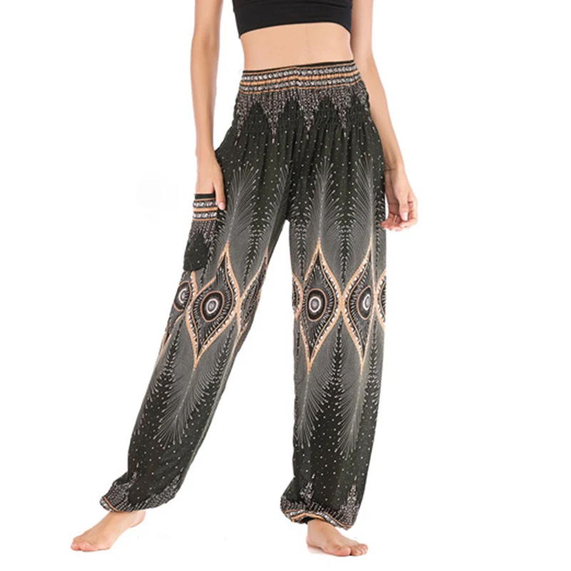 Летние женские брюки с широкими штанинами Boho шаровары цифровым принтом длинные