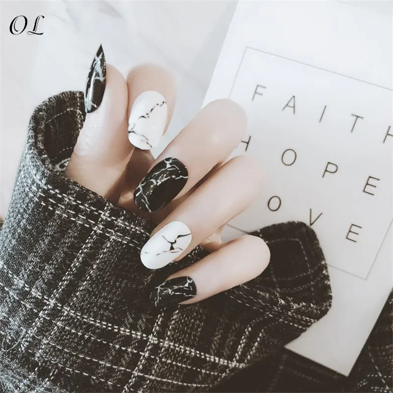 24 PCS Smooth Marble False Nails Long Square Full Designed with Glue Sticker for Ladies Press on nails Nail Tips! | Красота и