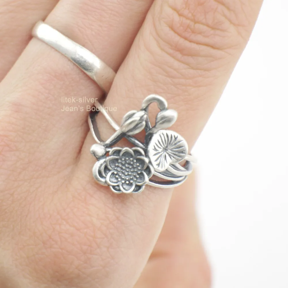 S92 5 твердое кольцо из стерлингового серебра SIL Lotus Flower Namaste Yoga регулируемое