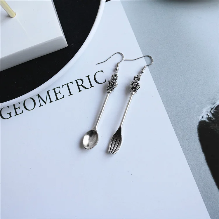 A174 Punk Retro Statement Big Silver Harajuku Spoon Fork Triangle Ruler Scissors Earings Women Jewelry Bijuteria Gifts | Украшения и