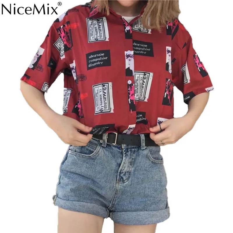 NiceMix Летняя Повседневная Блузка с принтом, Женские топы и блузки, свободные рубашки с коротким рукавом, праздничная уличная одежда, Blusas Femininas