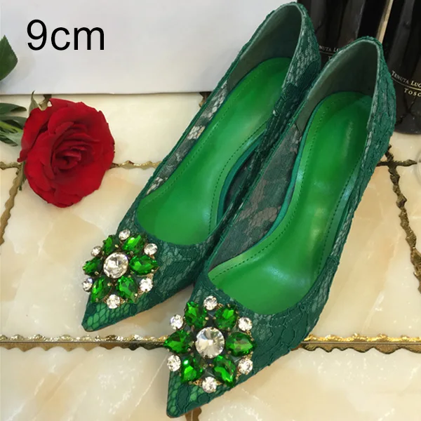 Green Pumps 9cm Женские туфли-лодочки; свадебные туфли на высоком каблуке; стразы; сетчатая обувь для вечеринок; женские туфли с острым носком; модель года; Роскошные женские туфли-лодочки; сезон весна-лето - Цвет: Green Pumps 9cm