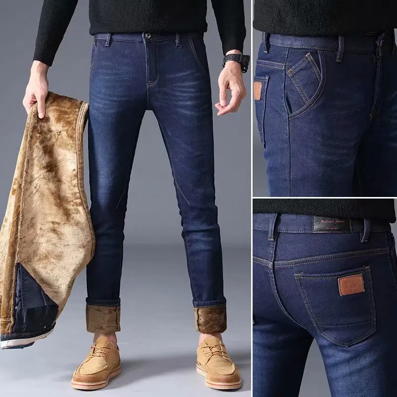 Solid Pencil Pants Men jeans 2019 Winter Jeans pants Full Length Midweight Mid Zipper Fly Loose Denim Trousers | Мужская одежда