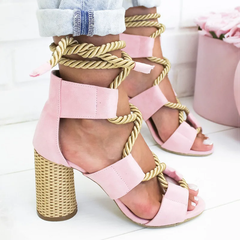 All Pink Женские босоножки; летние туфли на шнуровке; женские Босоножки на каблуке; сандалии-гладиаторы с острым открытым носком; женские туфли-лодочки на высоком каблуке с пеньковой веревкой - Цвет: All Pink