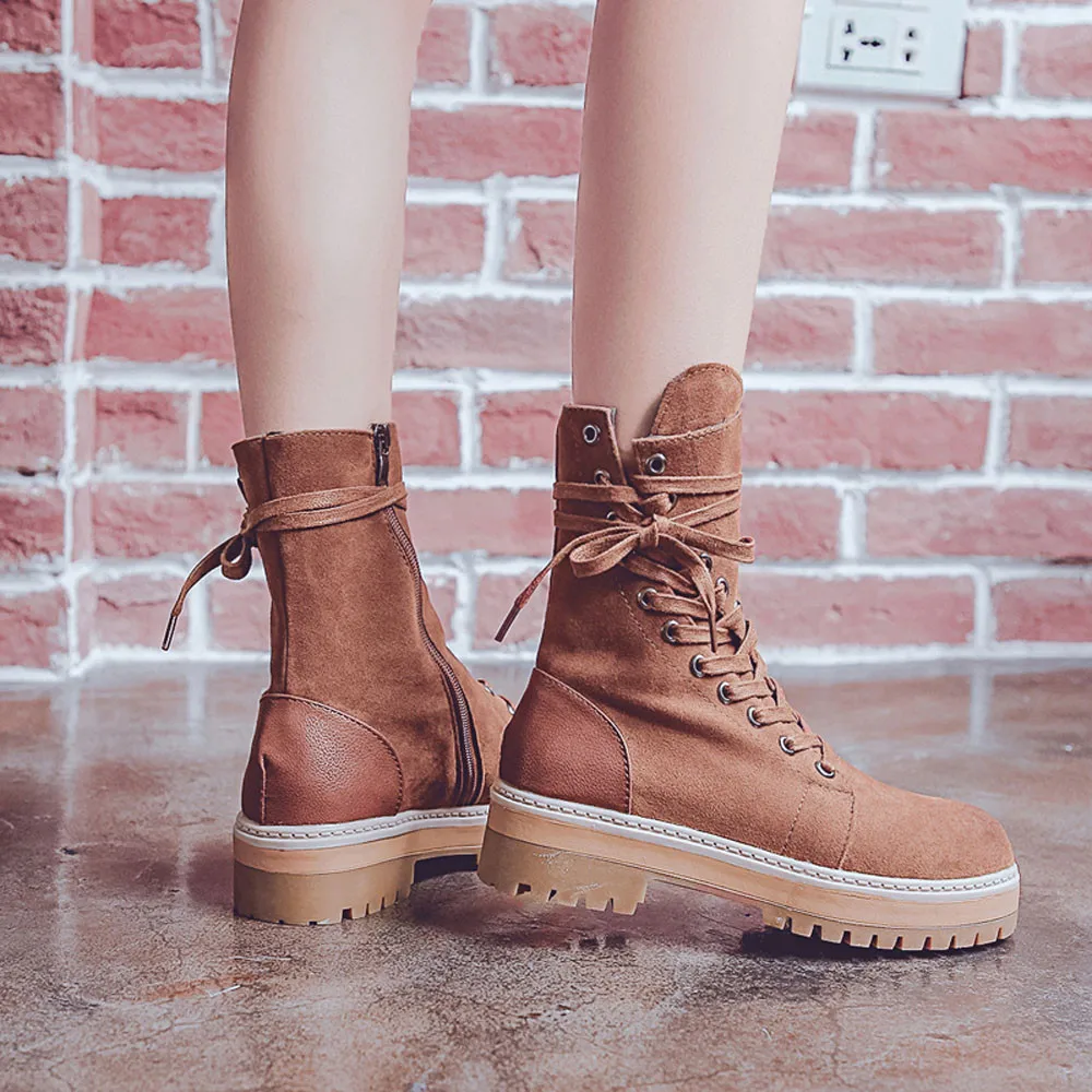 Boots Women's Retro Lace-UP Shoes platform Non-slip Round Toe Zipper Martin PU Leather Winter Classic Female Sep# | Обувь