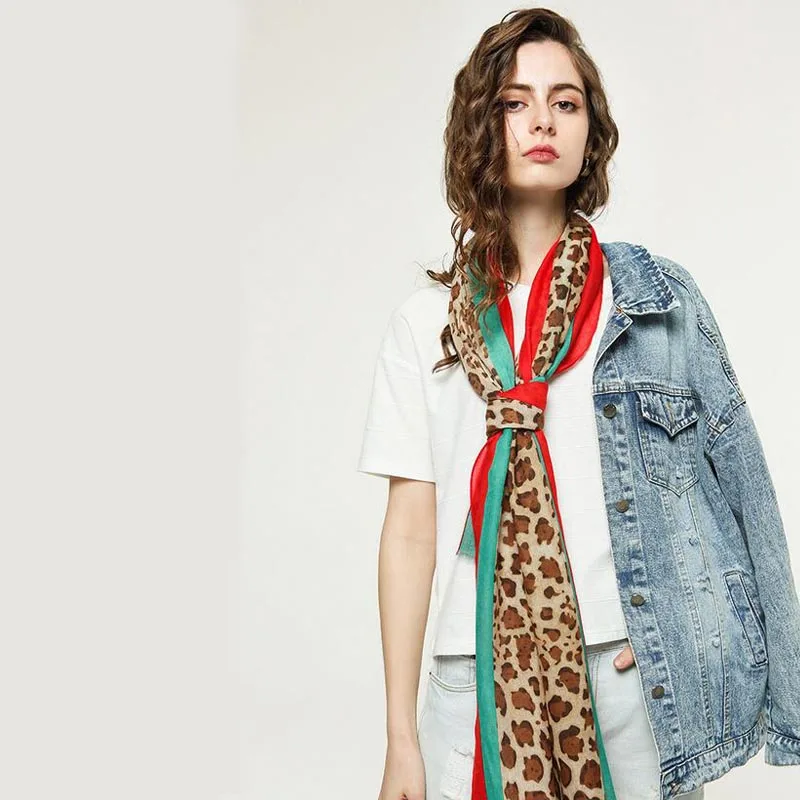Luxury Brand Green Red Stripe Oblong Wrap Shawl Female Sexy Leopard Print Cotton Scarves Brown Colleye Neckchief Bandana YG785 |