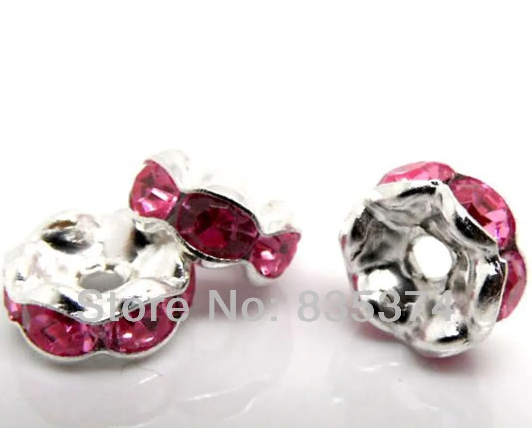 

Free shipping!500 Silver Plated rose Red Flower Side Rhinestone Rondelle Spacers Beads 8mm