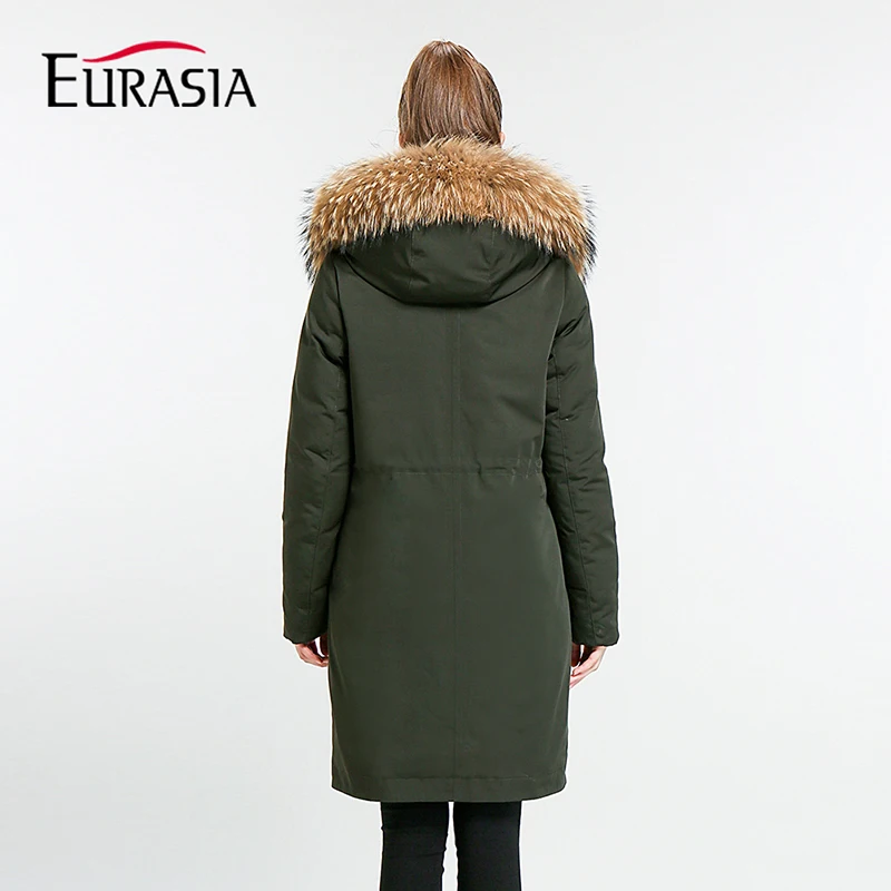 Женская однотонная зимняя куртка до колена EURASIA, свободная куртка с капюшоном и высоким воротником, плотная парка с воротником из натурального меха, Y170027, зима
