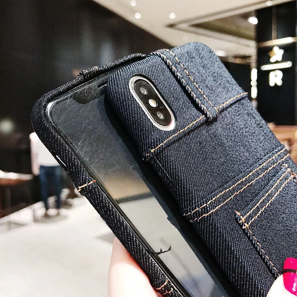 Чехол для телефона джинсовая ткань противоударный для iPhone 7 6 6s 8 Plus X XS Чехлы для MAX XR держатель для карт ракушки задняя крышка с ремешком