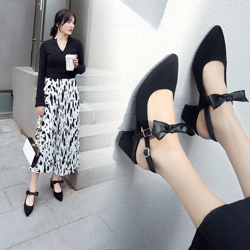 Женские вечерние туфли с бантом AME черные на массивном высоком каблуке 6 см 11811ABX2058