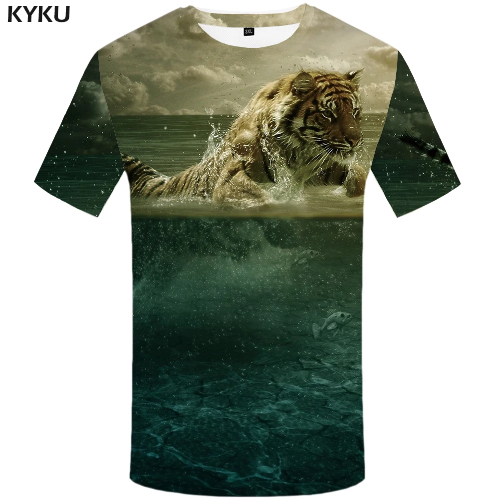 

KYKU Tiger T shirt Water Clothes Cloud shirts Animal Plus Size Tshirt Clothing Men Print Hip hop Summer Homme