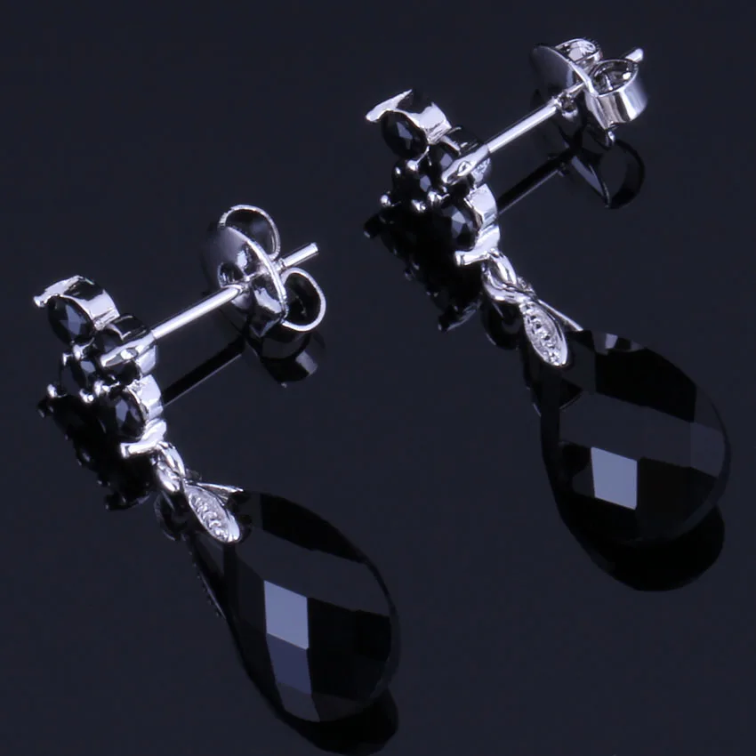 

Cute Water Drop Black Cubic Zirconia Silver Plated Drop Dangle Earrings V1032