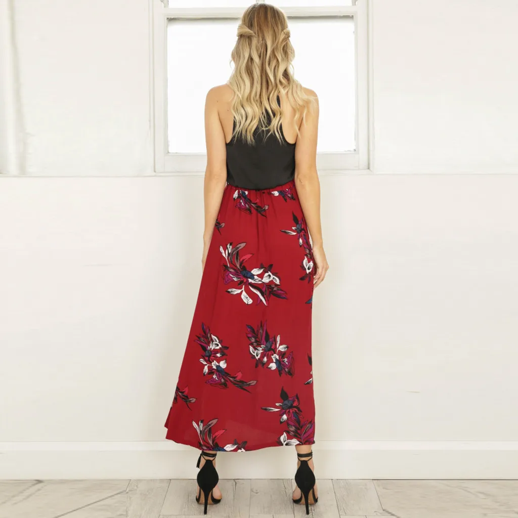 

skirts womens A-Line long skirt summer Casual Flower Printing High Waist A-Line Long Skirt Y619