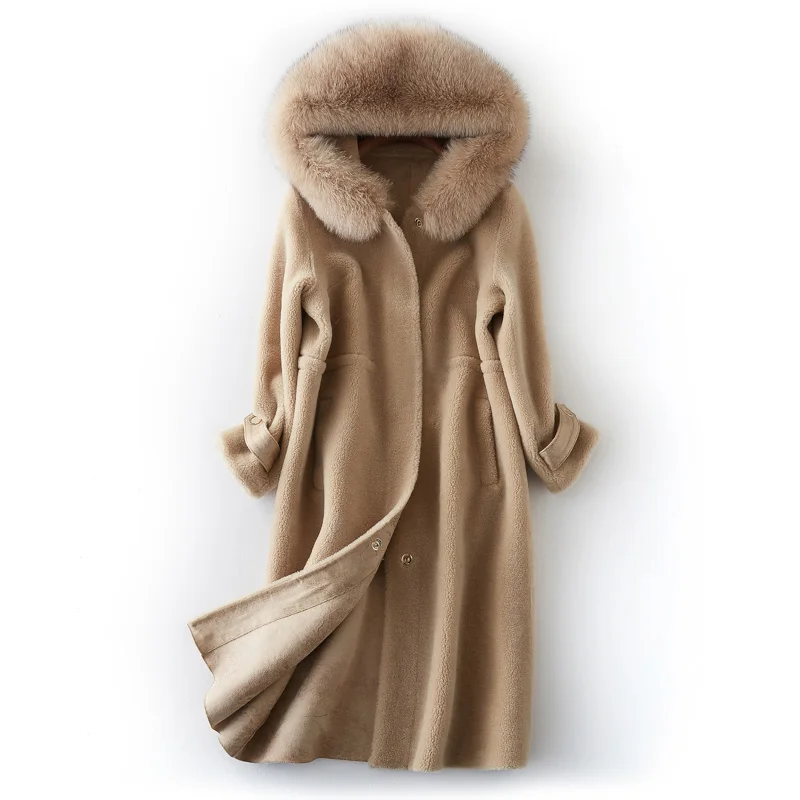 Beige camel AYUNSUE Натуральная Шерсть Стрижка овец куртка женская зимняя шуба натуральный Лисий мех с капюшоном Длинная Верхняя одежда Пальто BF231098 - Цвет: Beige camel