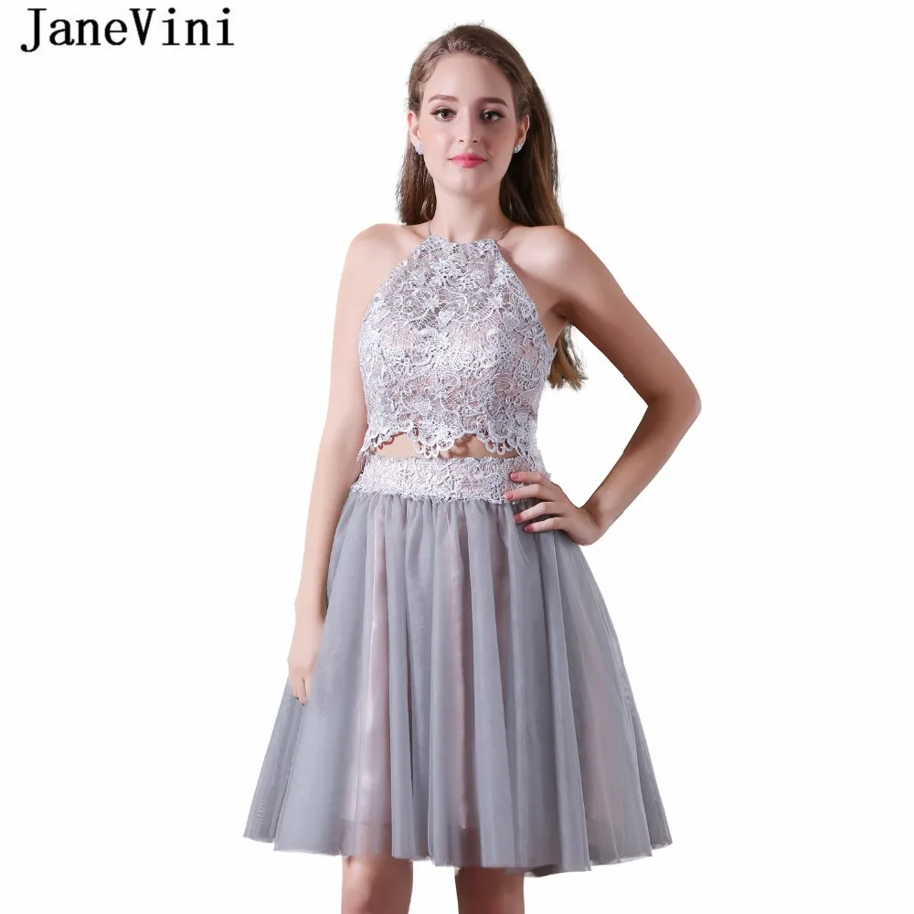 

JaneVini 2018 Очаровательные платья подружки невесты из двух частей для женщин Холтер Кружева Аппликации с открытой спиной сексуальные мини тюле...