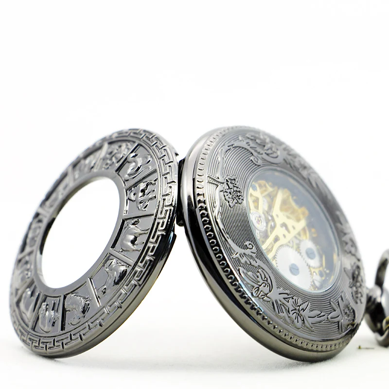 5pcs/lot Retro Mechanical Pocket Watch Men Hollow Skeleton Chinese 12 Zodiac Animals With Chain PJX1150 | Наручные часы