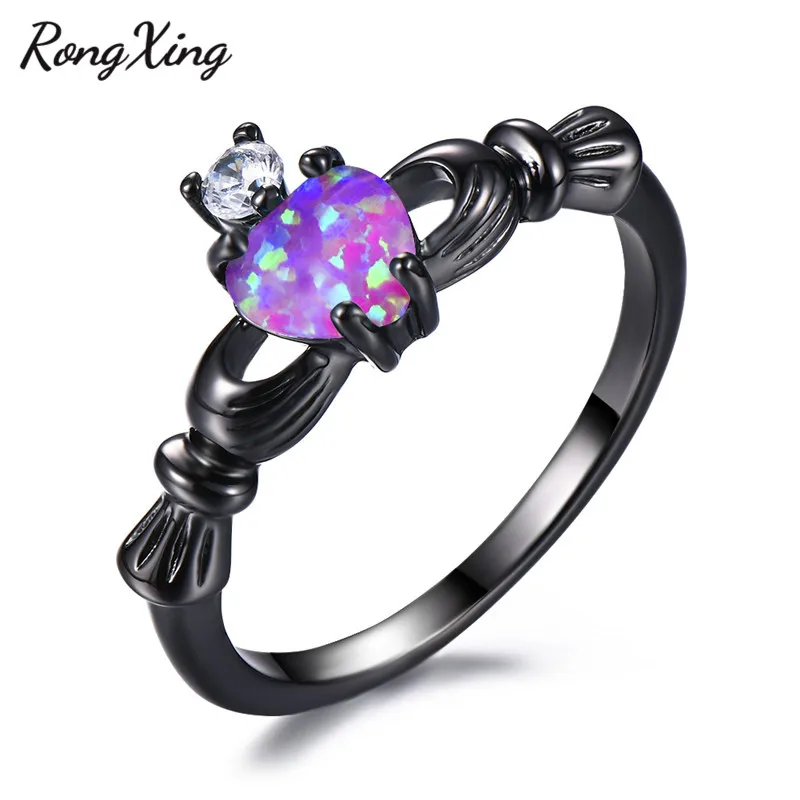 Purple Opal RongXing Мистик Радуга огненный опал/Циркон Сердце кладдахские кольца для женщин мужчин свадебные Черное золото заполненный разноцветный камень кольцо - Цвет основного камня: Purple Opal