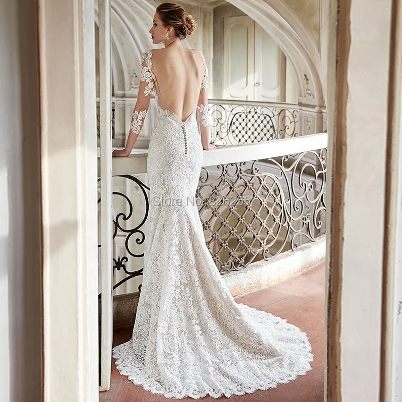 2017 New Arrival Free Shipping Sheath V Neck High Quality 3/4 Sleeve Lace Backless Charming Wedding Dress/Bridal Gown ZH0485 | Свадьбы и