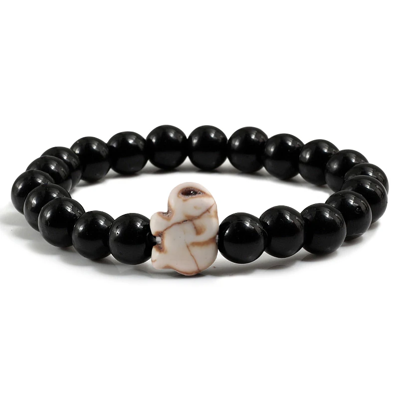 Bright Black White Шарм Boho голубой бирюзовый слон Браслеты Натуральный Камень 8 мм браслеты из бисера Винтажные Ювелирные изделия для медитации браслет подарок для женщин - Окраска металла: Bright Black White