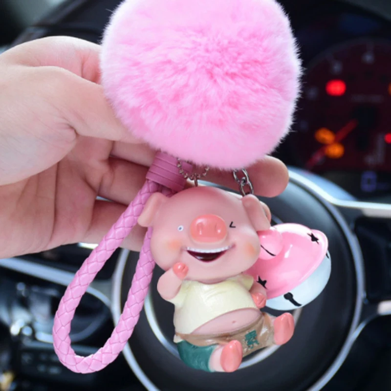 Fashion Cute Cartoon Pig Keychain Leather Rope Key Chains Animal Ring Holder Fur for Women Girl Bag Pendant | Украшения и