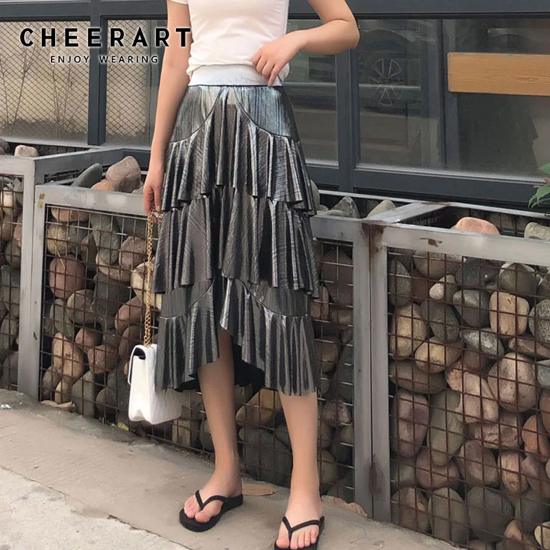 Cheerart длинная юбка с рюшами Женская летняя юбка с высокой талией Черного и серебряного цвета юбка ассиметричная с эластичной талией блестящая Асимметричная юбка одежда