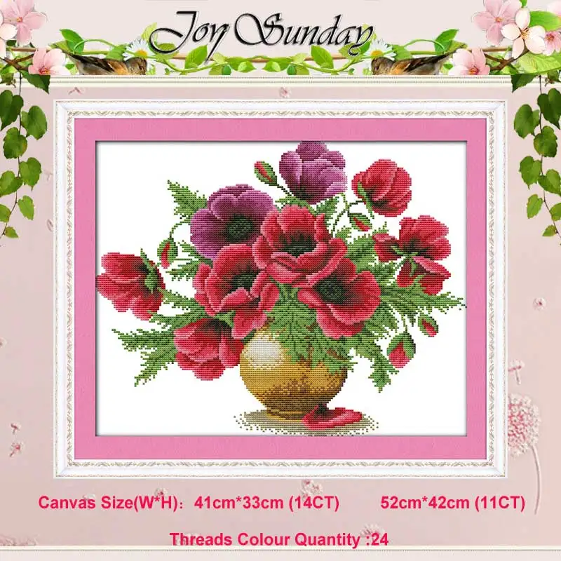 Poppy flower vase Poppy Sunflower vase basket counted 11CT 14CT Cross Stitch Set DIY DMC flower Cross-stitch Kit Embroidery Needlework Home Decor - Цвет: Poppy flower vase