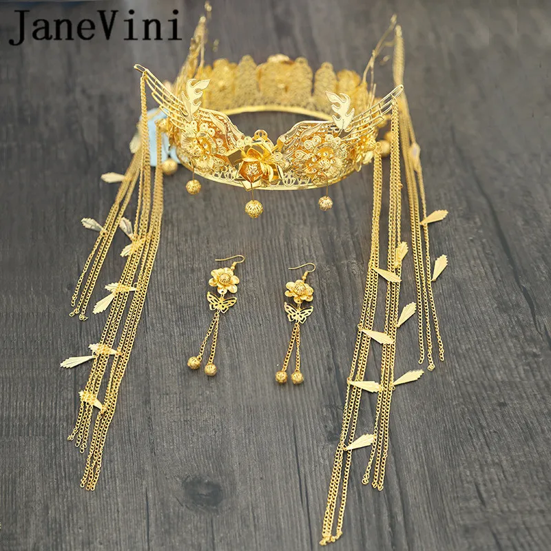 Китайские короны и Серьги невесты jaevini золотистые металлические свадебные