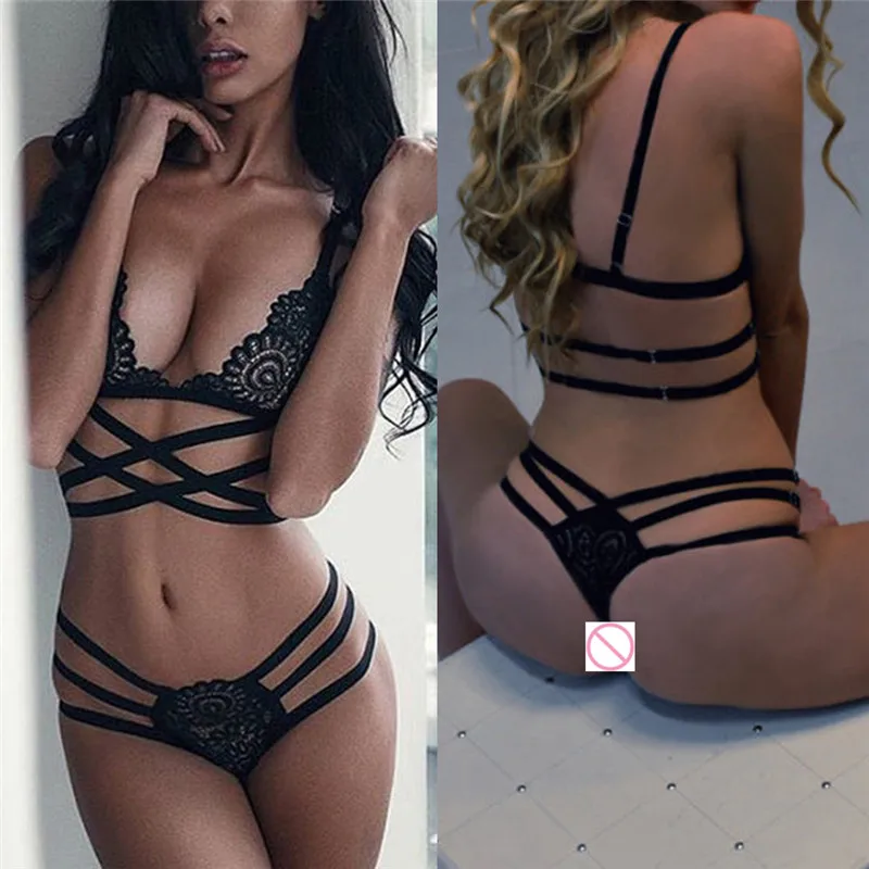 

Brand New Summer styles women's cross push up strap sexy brief set Hollow Out Bandage Lace triangle women suit