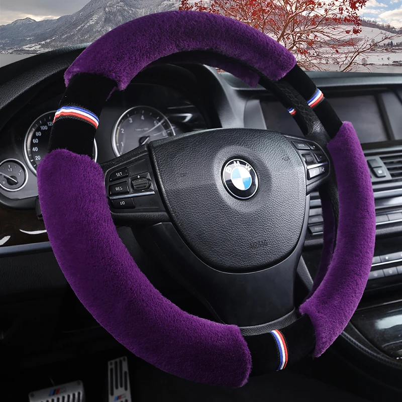 

KKYSYELVA Winter Plush Auto Car Steering Wheel Cover Universal 38cm/15''Warm Steering Covers Interior Accessories