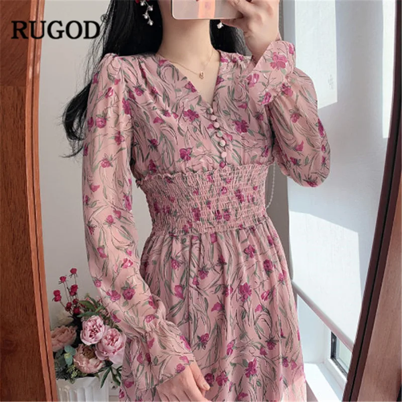 Женское платье с цветочным принтом RUGOD милое богемное до середины икры высокой