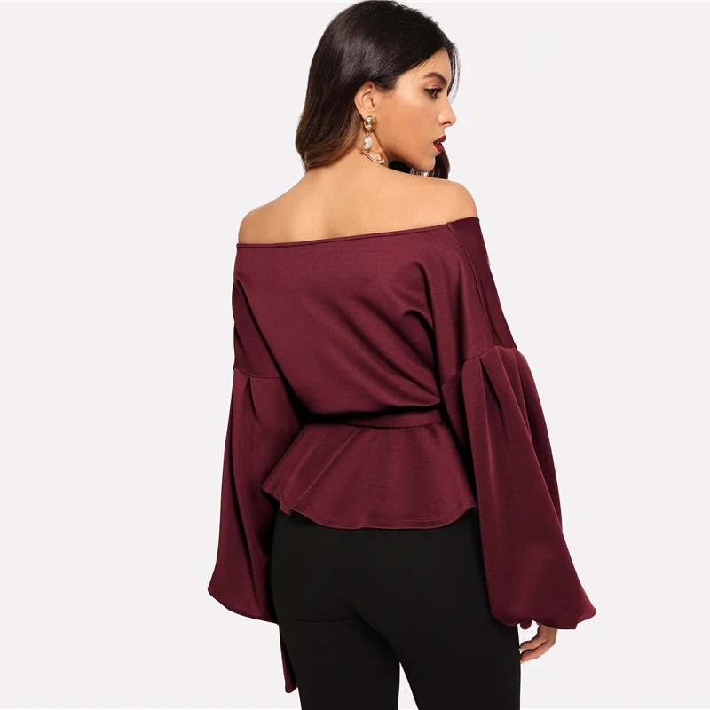 SHEIN белая офисная женская элегантная блузка с рукавом-фонариком и баской с открытыми плечами, Осенние сексуальные женские топы и блузки
