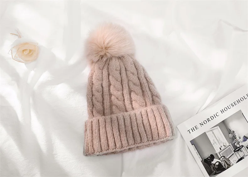 beige with pompom VISROVER, 12 цветов, Осень-зима, одноцветные, настоящие акриловые шапочки с помпоном для мужчин и женщин, кашемировые, унисекс, теплая шапка - Цвет: beige with pompom