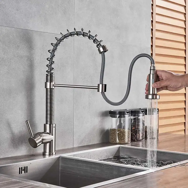 Brushed Nickel Черный бронзовый кухонный кран с одной ручкой, выдвижной смеситель для кухонной мойки, кран с настенным креплением, распылительная головка, кран для горячей и холодной воды - Цвет: Brushed Nickel