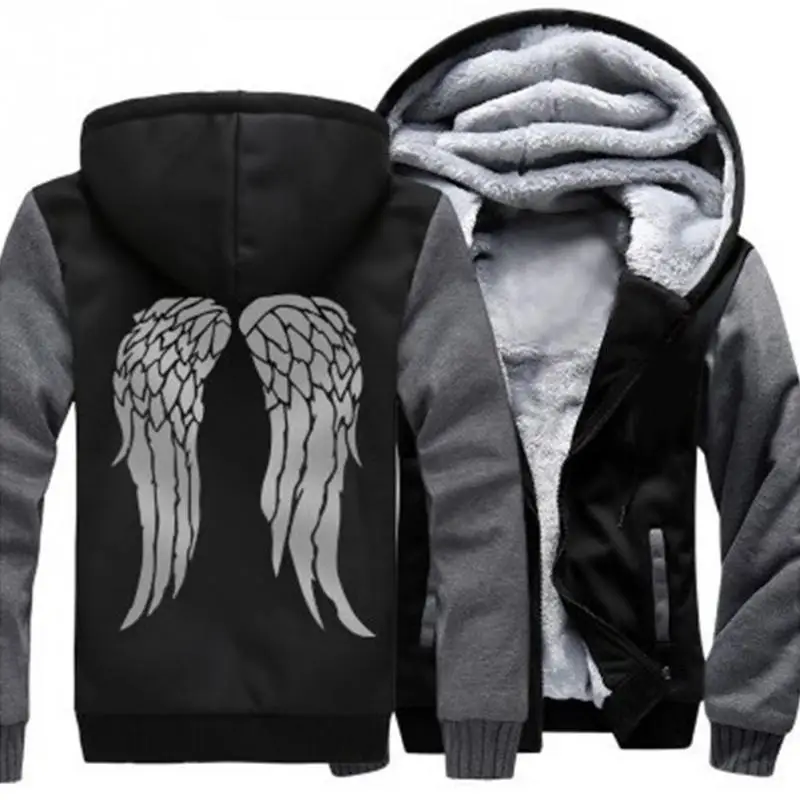 

Winter Men Coat Pure Color Long Rib Sleeve Print Warm Hooded Velvet Thick Jacket Fluffy Used Out Of Doors Coat Hoodie