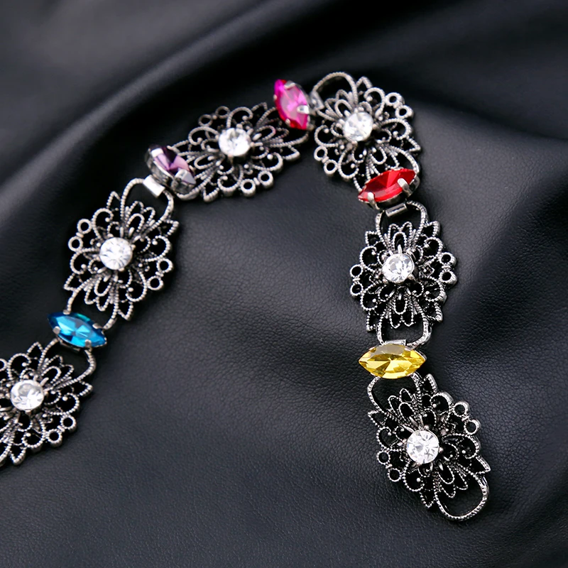 Antique Silver Color Ethnic Jewelry Flower Chain Bracelet Colorful Crystal Statement Vintage For Princess | Украшения и
