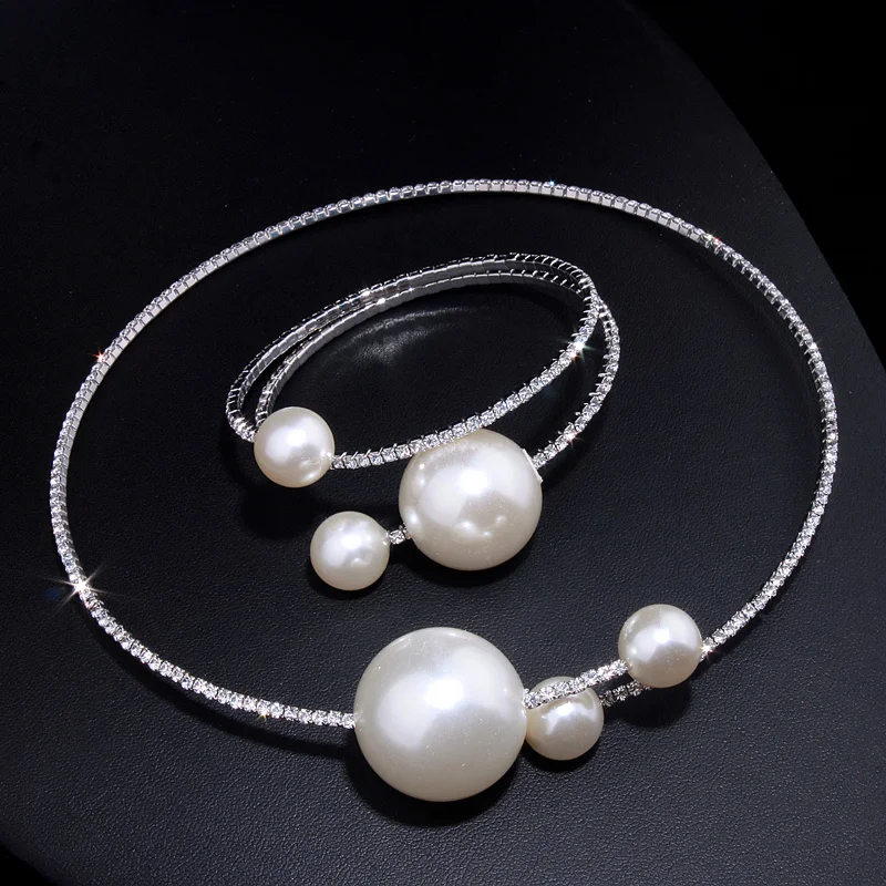 Женский набор свадебных украшений из колье и браслета с искусственным жемчугом