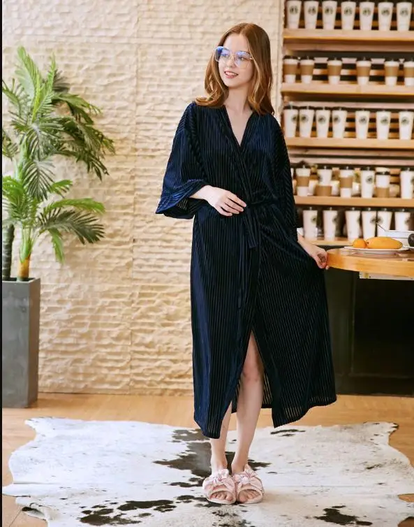 navyblue Китайский фирменный дизайн, новинка, женское тонкое велюровое кимоно, халат, ночная рубашка, Дамский халат, повседневная одежда для сна, ночное платье - Цвет: navyblue