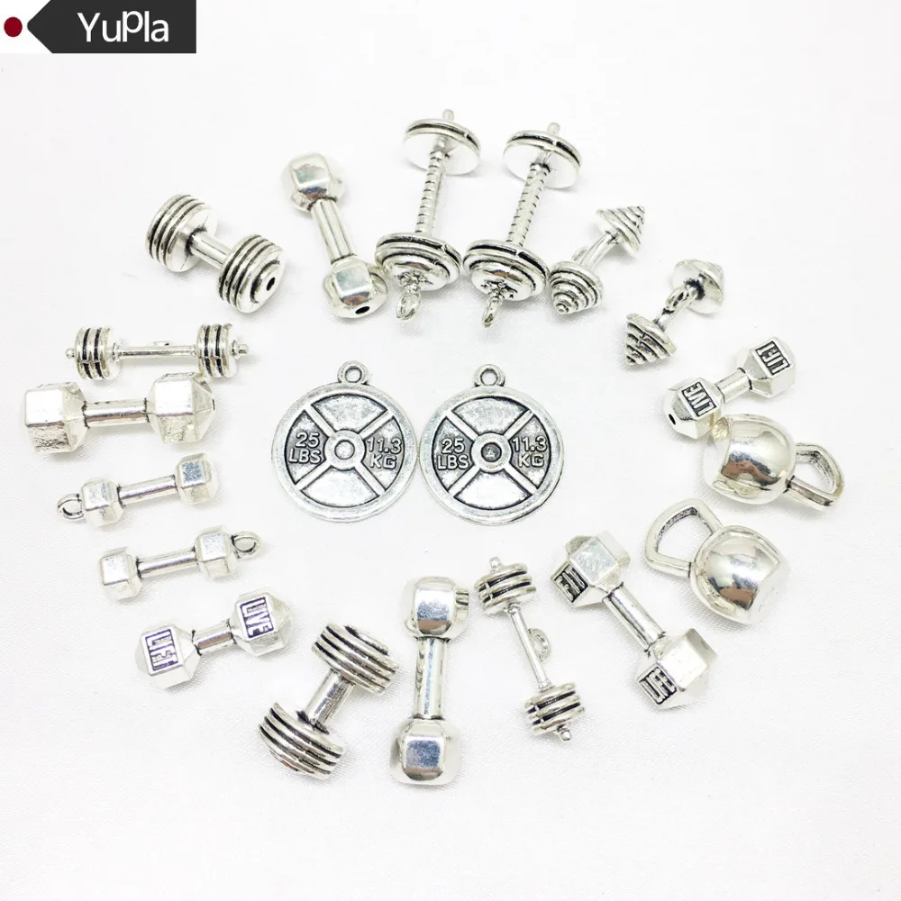 20pcs/lot Silver Mixed Sports Equipment Charms Pendants Collection-Tags Kettle Bell Dumbbell Barbell Weight, Perfect Necklace
