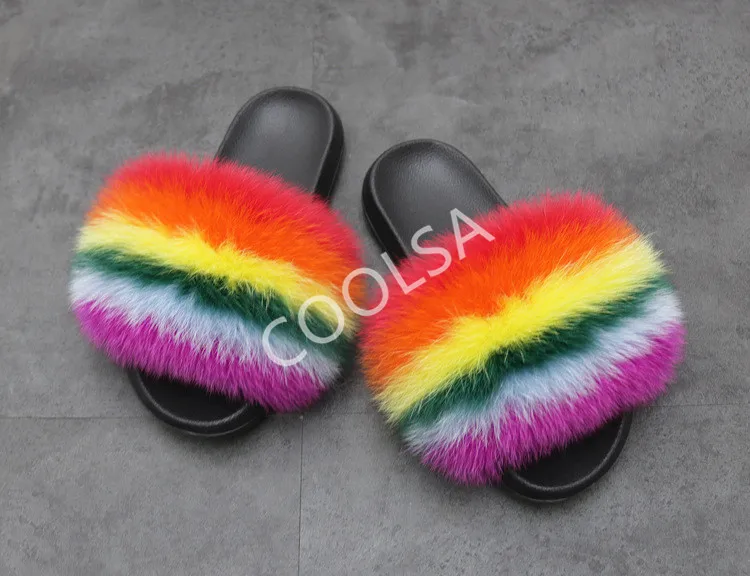 Women's Summer Fur Slippers Indoor Warm Fluffy Plush Home Shoes Woman Real Fox Hair Fur Slides Furry Sandals Female Flip Flops