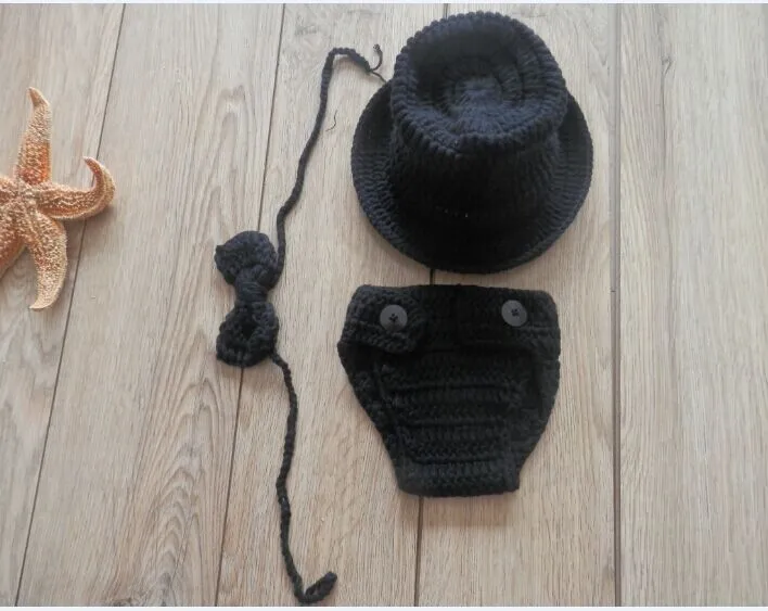 free shipping baby boys Gentleman hat Crochet Hats Bow tie &amp Diaper Cover Set Newborn crochet Photo Prop szie:0-1m 3-4m | Детская