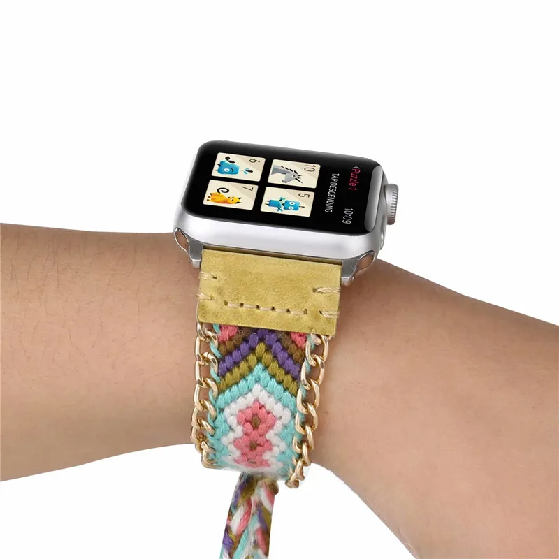 Ремешок в богемном стиле для Apple Watch Band 4 40 мм 44 цветной вязаный шерстяной кожаный