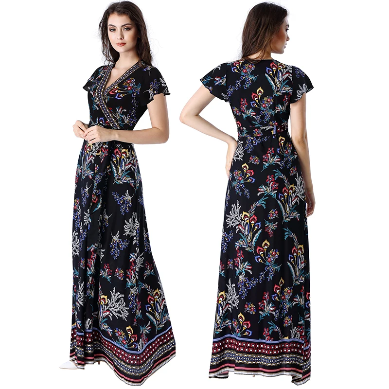 Vfemage Women Petite Sexy Summer Boho Floral Print Ruffle Frill Sleeve Pocket Split Casual Beach Party Wrap Maxi Long Dress 3206