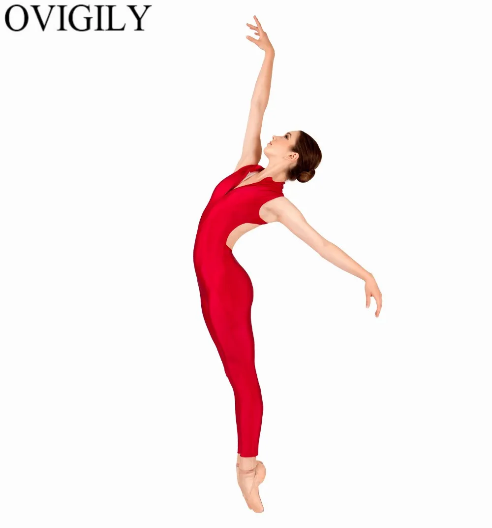 Red OVIGILY, женские боди с молнией спереди, на бретелях, для взрослых, спандекс, лайкра, для танцев, боди, черные, без рукавов, Комбинезоны - Цвет: Red