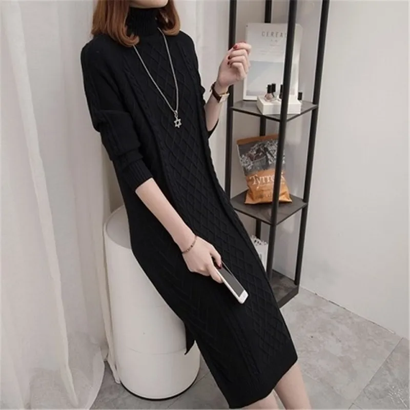 New Fashion Autumn Winter Women Knitting Middle Long Dresses Female Turtleneck Long Sleeve Warm Thick Dresses Pullovers F15 - Цвет: Черный