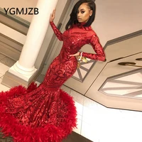 red sparkly sequin evening dresses mermaid 2020 long sleeve feathers black girl graduation african women formal prom party gown
