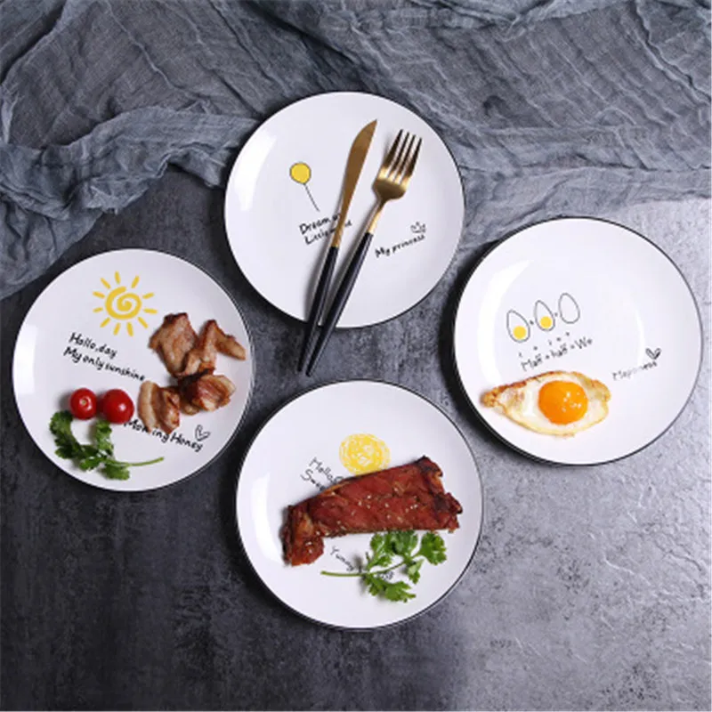 

8 Inch Round Cartoon Ceramic Dinner Plate Porcelain Steak Fruit Nut Plate Creative Home Breakfast Dinnerware Snack Dishes Tray