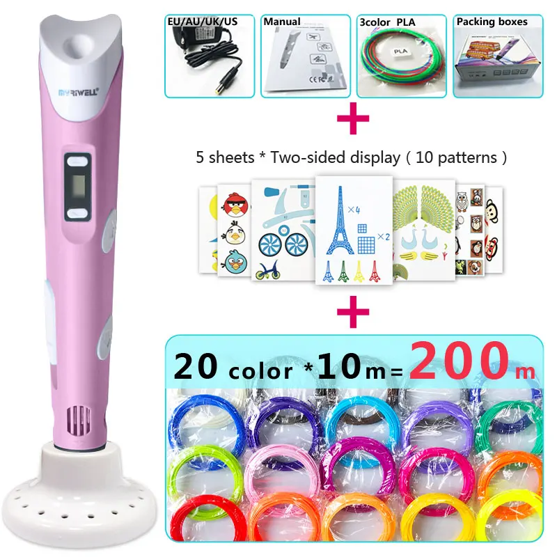 Myriwell 3d ручки+ 20*10 м ABS нити, 3 d Ручка 3d модель, креативная 3d Ручка для печати, pen-3d волшебные ручки подарок 3 d - Цвет: Pink pen Package