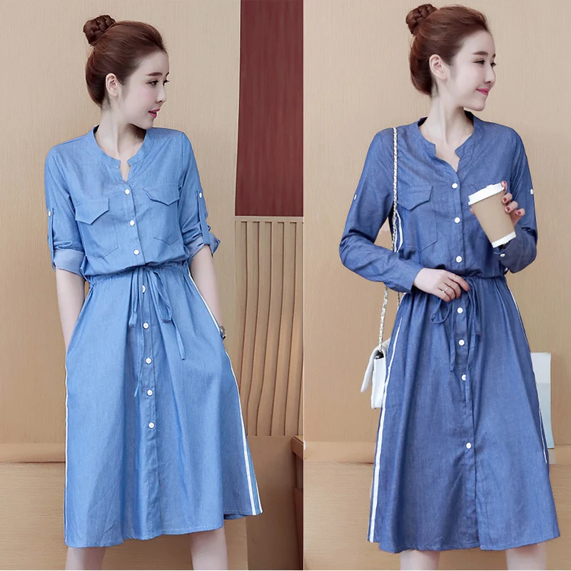 

Spring Women Denim Dress Long Sleeve Jeans Summer Button Loose Dress Down Split Blue