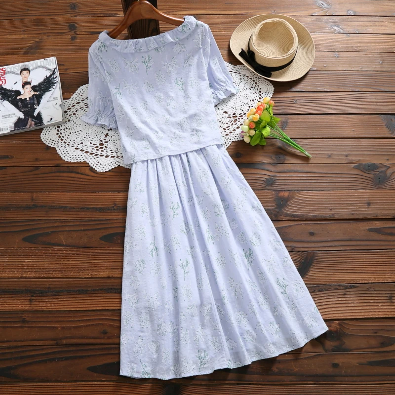 

2019 New Summer Korean Women Elegant Dresses Floral Printed Short Sleeve Cotton Linen Dress Vestidos 7142